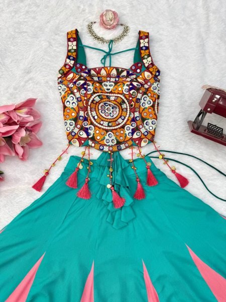 Magnetic Turquoise Designer Heavy Rayon Lehenga with Lagdi Patta Lace and Mirror Work Navratri Lehnega Choli