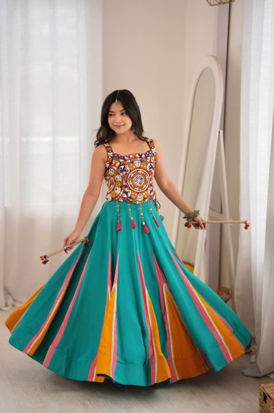 Magnetic Turquoise Designer Heavy Rayon Lehenga with Lagdi Patta Lace and Mirror Work Navratri Lehnega Choli