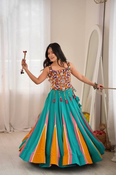 Magnetic Turquoise Designer Heavy Rayon Lehenga with Lagdi Patta Lace and Mirror Work Navratri Lehnega Choli