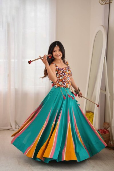 Magnetic Turquoise Designer Heavy Rayon Lehenga with Lagdi Patta Lace and Mirror Work Navratri Lehnega Choli