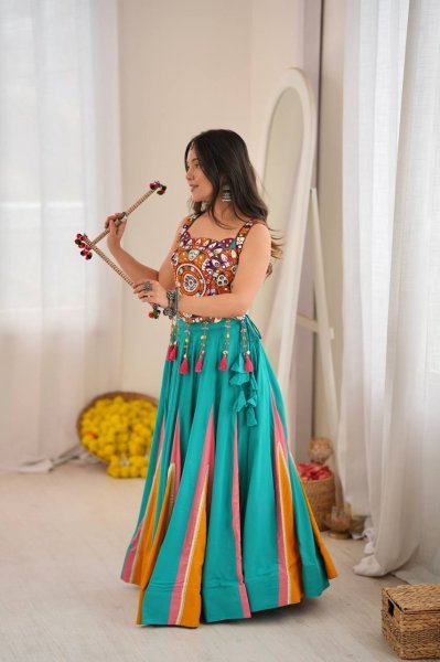 Magnetic Turquoise Designer Heavy Rayon Lehenga with Lagdi Patta Lace and Mirror Work Navratri Lehnega Choli