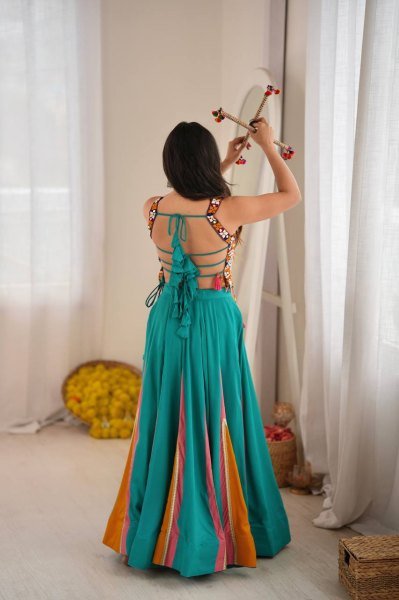 Magnetic Turquoise Designer Heavy Rayon Lehenga with Lagdi Patta Lace and Mirror Work Navratri Lehnega Choli