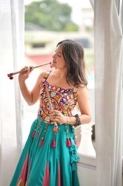 Magnetic Turquoise Designer Heavy Rayon Lehenga with Lagdi Patta Lace and Mirror Work Navratri Lehnega Choli