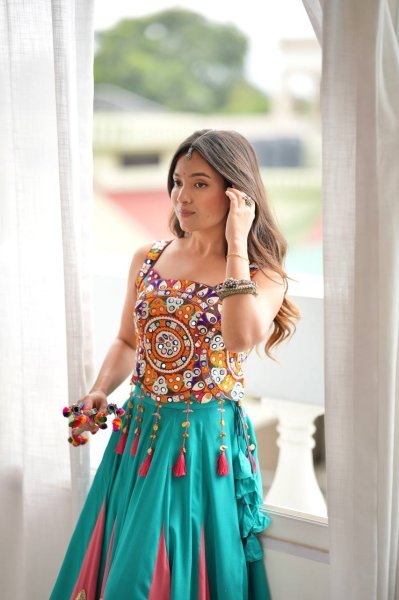 Magnetic Turquoise Designer Heavy Rayon Lehenga with Lagdi Patta Lace and Mirror Work Navratri Lehnega Choli