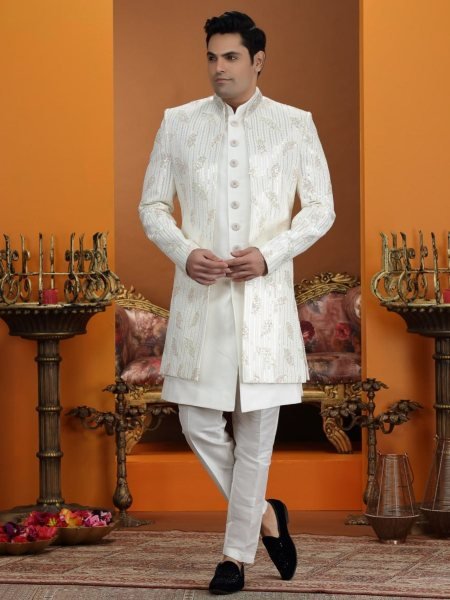 Magnetic White Exclusive Art Silk Embroidered Suit Set at Wholesale Price Range 