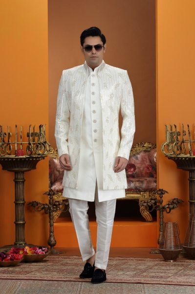Magnetic White Exclusive Art Silk Embroidered Suit Set at Wholesale Price Range Kurta Pajama Wholesale