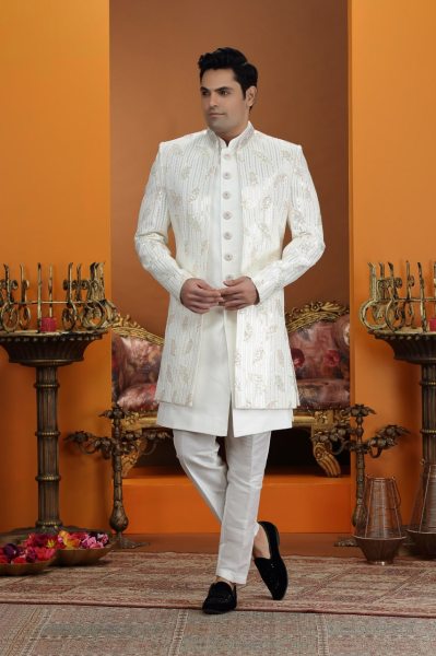 Magnetic White Exclusive Art Silk Embroidered Suit Set at Wholesale Price Range Kurta Pajama Wholesale