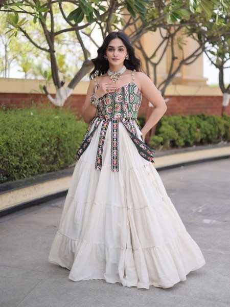 Magnetic White Full Stitched Kora Cotton Lehenga with Designer Sleeveless Blouse  Lehenga