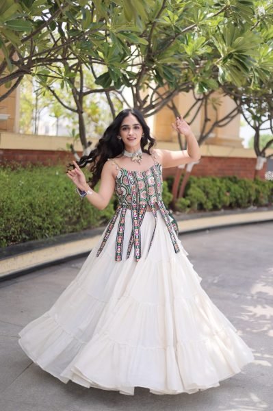Magnetic White Full Stitched Kora Cotton Lehenga with Designer Sleeveless Blouse Navratri Lehnega Choli