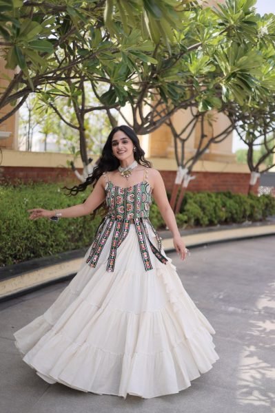 Magnetic White Full Stitched Kora Cotton Lehenga with Designer Sleeveless Blouse Navratri Lehnega Choli