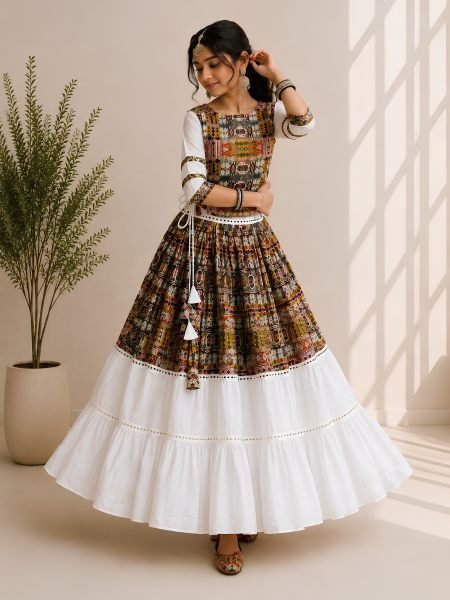 Magnetic White Navratri Special Cotton Silk Gamthi Lehenga Choli with Fully Stitched Blouse Navratri Lehnega Choli