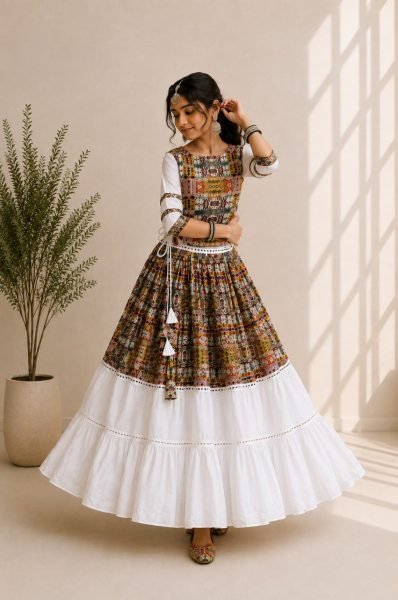 Magnetic White Navratri Special Cotton Silk Gamthi Lehenga Choli with Fully Stitched Blouse Navratri Lehnega Choli