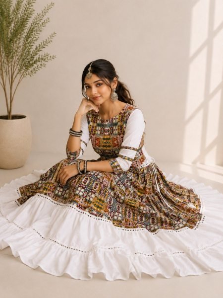 Magnetic White Navratri Special Cotton Silk Gamthi Lehenga Choli with Fully Stitched Blouse Navratri Lehnega Choli