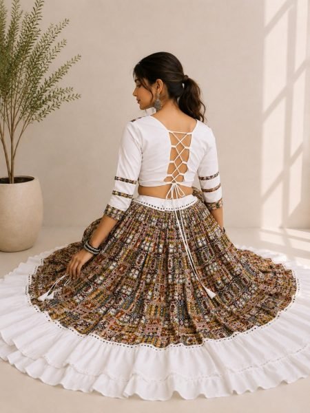 Magnetic White Navratri Special Cotton Silk Gamthi Lehenga Choli with Fully Stitched Blouse Navratri Lehnega Choli