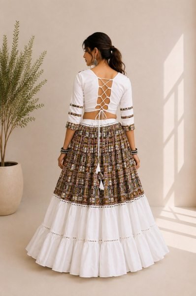 Magnetic White Navratri Special Cotton Silk Gamthi Lehenga Choli with Fully Stitched Blouse Navratri Lehnega Choli