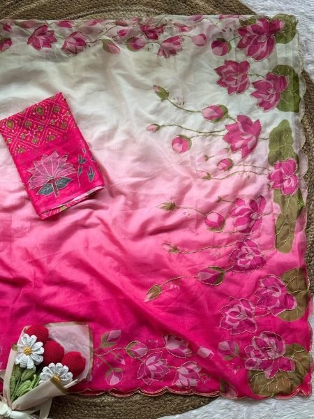 Magnetic White Pink Pure Soft Organza Tabby Silk Digital Print Saree at Wholesale  Sarees 