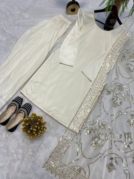 Magnetic White Roman Chanderi Silk Farshi Salwar Suit with Sequin Embroidery for Festival Rate Ready To Wear Collection