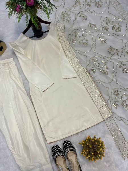 Magnetic White Roman Chanderi Silk Farshi Salwar Suit with Sequin Embroidery for Festival Rate Ready To Wear Collection