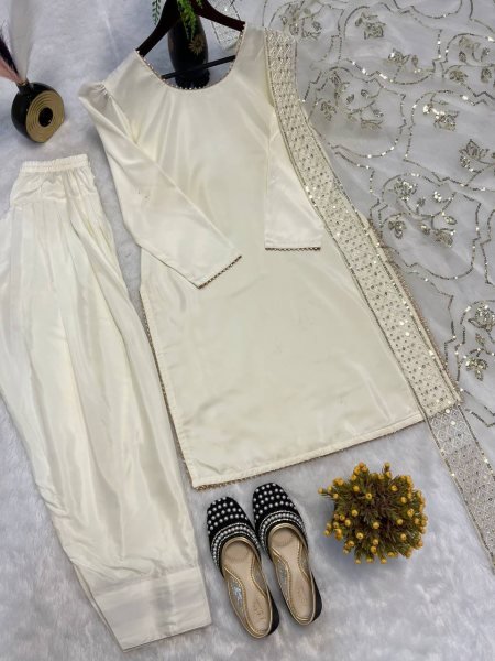 Magnetic White Roman Chanderi Silk Farshi Salwar Suit with Sequin Embroidery for Festival Rate Ready To Wear Collection