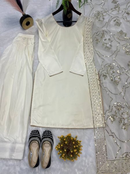 Magnetic White Roman Chanderi Silk Farshi Salwar Suit with Sequin Embroidery for Festival Rate Ready To Wear Collection