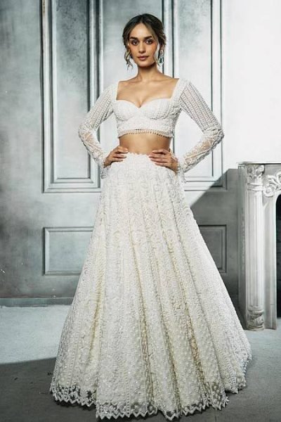 Magnetic White Women s Butterfly Net Lehenga with Heavy Sequins Embroidery  Bridal Lehenga Choli