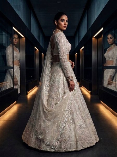 Magnetic White Women s Butterfly Net Lehenga with Heavy Sequins Embroidery  Bridal Lehenga Choli