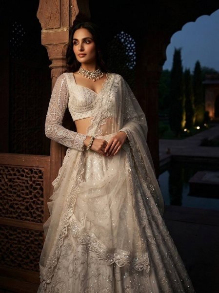Magnetic White Women s Butterfly Net Lehenga with Heavy Sequins Embroidery  Bridal Lehenga Choli