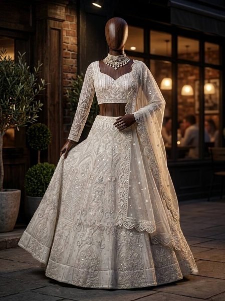 Magnetic White Women s Butterfly Net Lehenga with Heavy Sequins Embroidery  Bridal Lehenga Choli