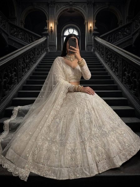 Magnetic White Women s Butterfly Net Lehenga with Heavy Sequins Embroidery  Bridal Lehenga Choli