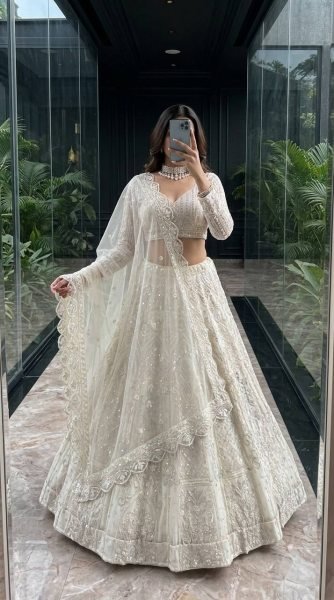 Magnetic White Women s Butterfly Net Lehenga with Heavy Sequins Embroidery  Bridal Lehenga Choli