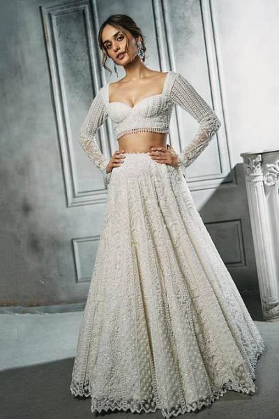 Magnetic White Women s Butterfly Net Lehenga with Heavy Sequins Embroidery  Bridal Lehenga Choli