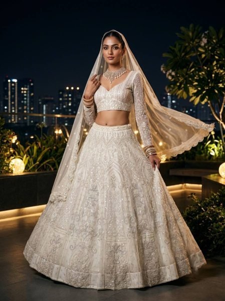 Magnetic White Women s Butterfly Net Lehenga with Heavy Sequins Embroidery  Bridal Lehenga Choli