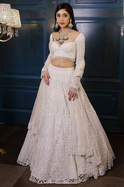 Magnetic White Women s Butterfly Net Lehenga with Heavy Sequins Embroidery  Bridal Lehenga Choli
