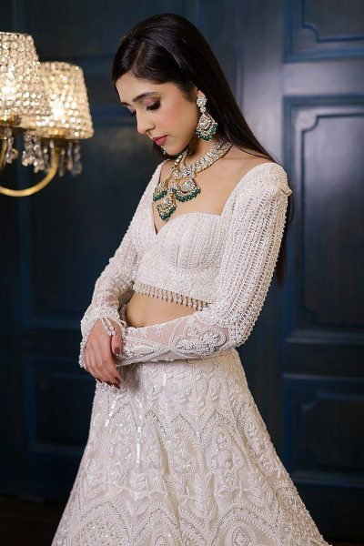 Magnetic White Women s Butterfly Net Lehenga with Heavy Sequins Embroidery  Bridal Lehenga Choli