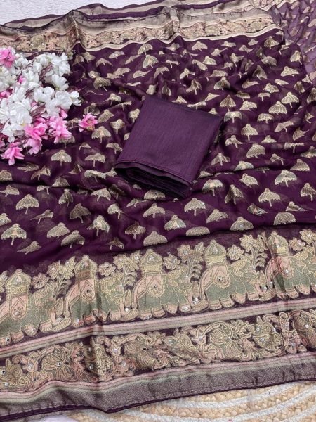 Magnetic Wine Purple Massmeelo Brrosso Saree with Designer Piping Border For Party 