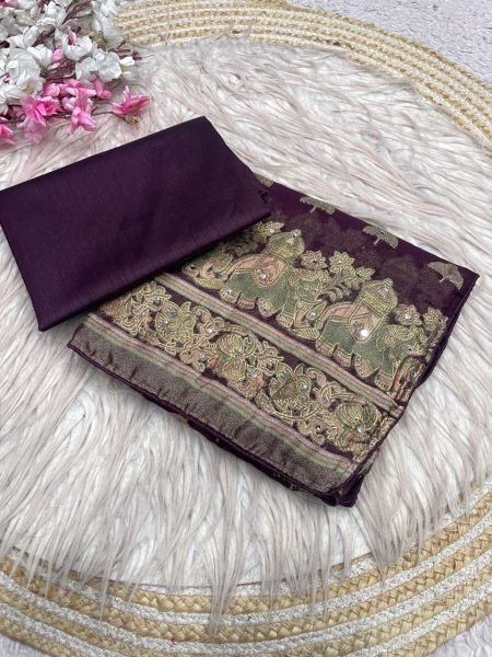 Magnetic Wine Purple Massmeelo Brrosso Saree with Designer Piping Border For Party Designer Wedding Sarees Wholesale