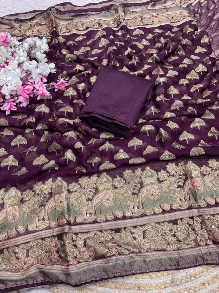 Magnetic Wine Purple Massmeelo Brrosso Saree with Designer Piping Border For Party Designer Wedding Sarees Wholesale
