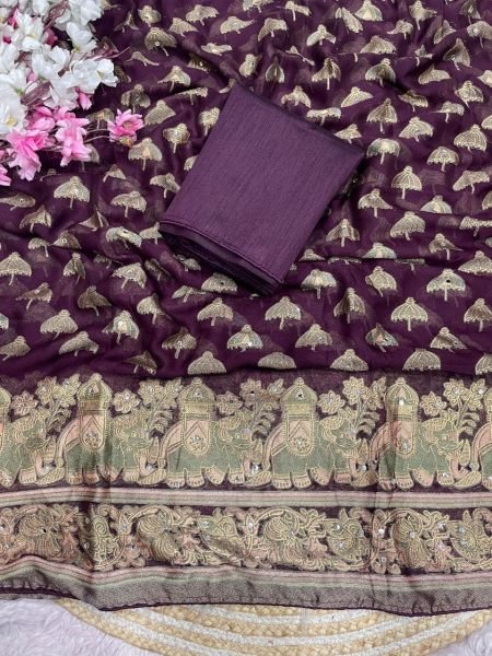 Magnetic Wine Purple Massmeelo Brrosso Saree with Designer Piping Border For Party Designer Wedding Sarees Wholesale