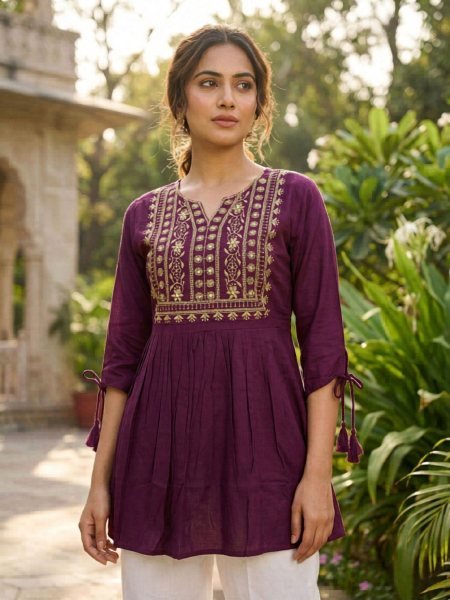 Magnetic Wine Rayon Short Kurti with Thread Embroidery for Daily Wear Kurtis