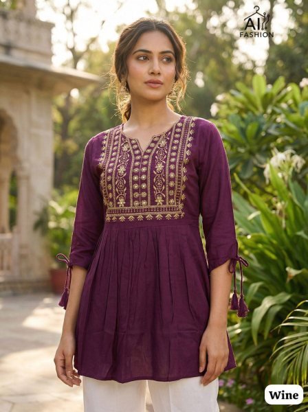 Magnetic Wine Rayon Short Kurti with Thread Embroidery for Daily Wear Tunics kurti