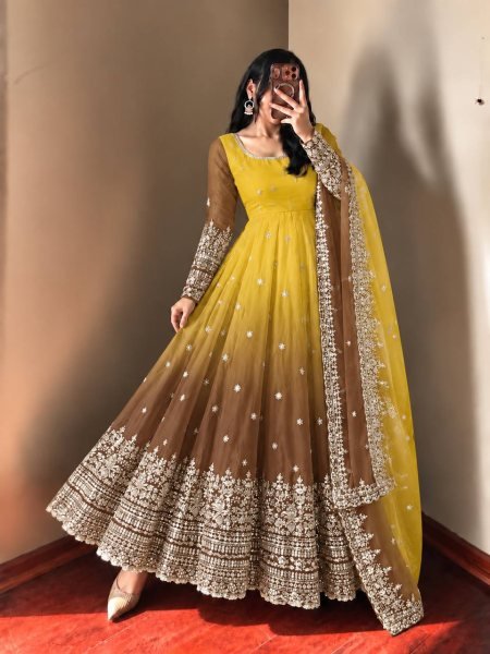 Magnetic Yellow Georgette Gown with 3.5 Meter Flair and Sequin Dupatta at Wholesale  Ready To Wear Collection