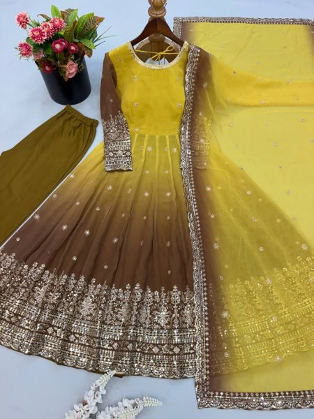 Magnetic Yellow Georgette Gown with 3.5 Meter Flair and Sequin Dupatta at Wholesale  Ready To Wear Collection