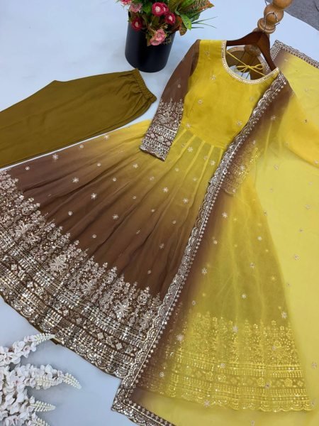 Magnetic Yellow Georgette Gown with 3.5 Meter Flair and Sequin Dupatta at Wholesale  Ready To Wear Collection