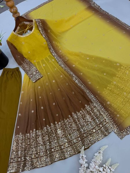 Magnetic Yellow Georgette Gown with 3.5 Meter Flair and Sequin Dupatta at Wholesale  Ready To Wear Collection