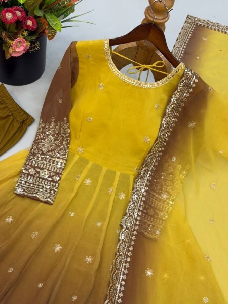 Magnetic Yellow Georgette Gown with 3.5 Meter Flair and Sequin Dupatta at Wholesale  Ready To Wear Collection