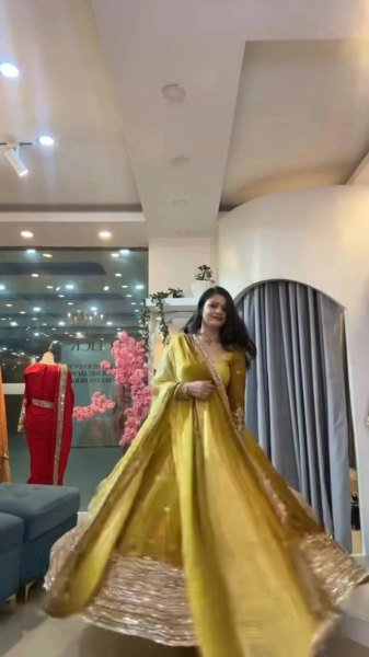 Magnetic Yellow Georgette Gown with 3.5 Meter Flair and Sequin Dupatta at Wholesale  Ready To Wear Collection
