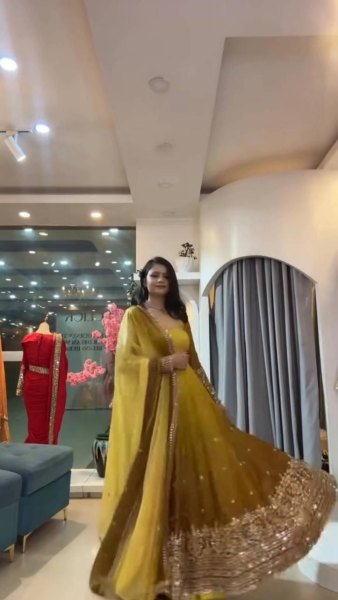 Magnetic Yellow Georgette Gown with 3.5 Meter Flair and Sequin Dupatta at Wholesale  Ready To Wear Collection