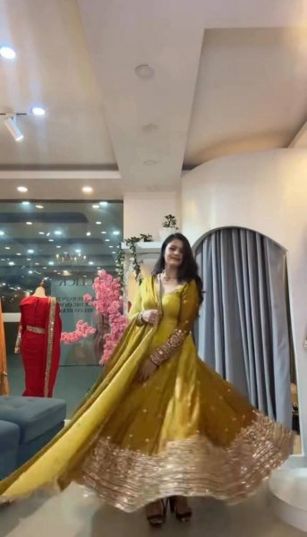 Magnetic Yellow Georgette Gown with 3.5 Meter Flair and Sequin Dupatta at Wholesale  Ready To Wear Collection