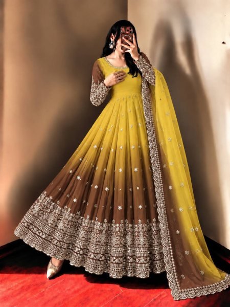 Magnetic Yellow Georgette Gown with 3.5 Meter Flair and Sequin Dupatta at Wholesale  Ready To Wear Collection