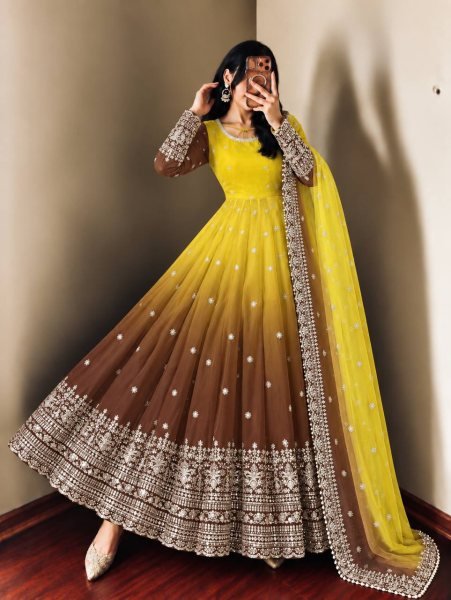 Magnetic Yellow Georgette Gown with 3.5 Meter Flair and Sequin Dupatta at Wholesale  Ready To Wear Collection